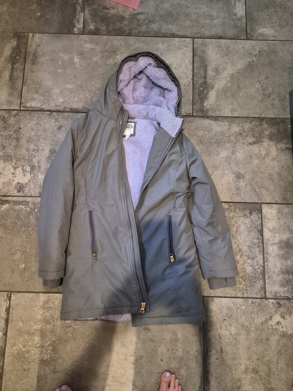 Cat & Jack Gray Hooded Puffer Coat with Lavender Sherpa Lining